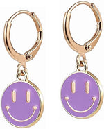 El Regalo Smiley Face Small Huggie Hoop Trendy Emoji Earrings- Preppy Cute Happy Face Dangle Drop Cartilage Colorful Hypoallergenic Earrings Gifts for Teen Girls Women (Purple)