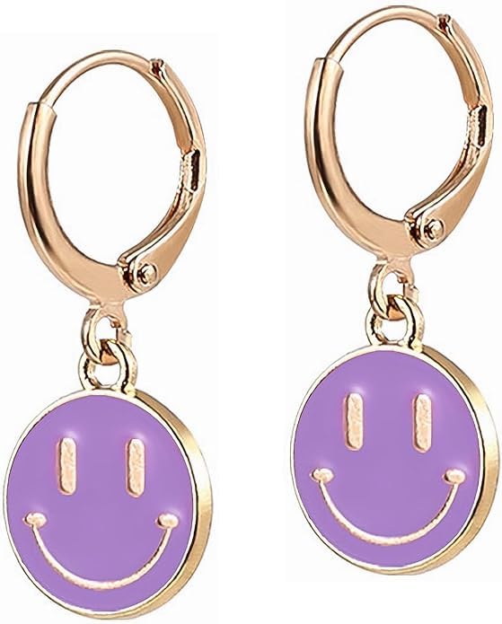 El Regalo Smiley Face Small Huggie Hoop Trendy Emoji Earrings- Preppy Cute Happy Face Dangle Drop Cartilage Colorful Hypoallergenic Earrings Gifts for Teen Girls Women (Purple)