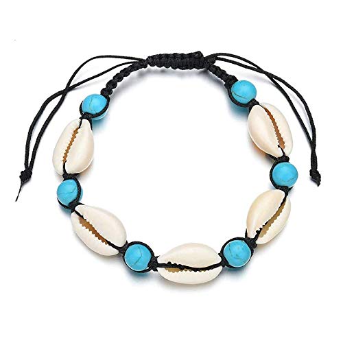 El Regalo Bohemian Cowrie Beads Shell Adjustable Bracelets cum Anklets for Girls & Women (Turquoise)