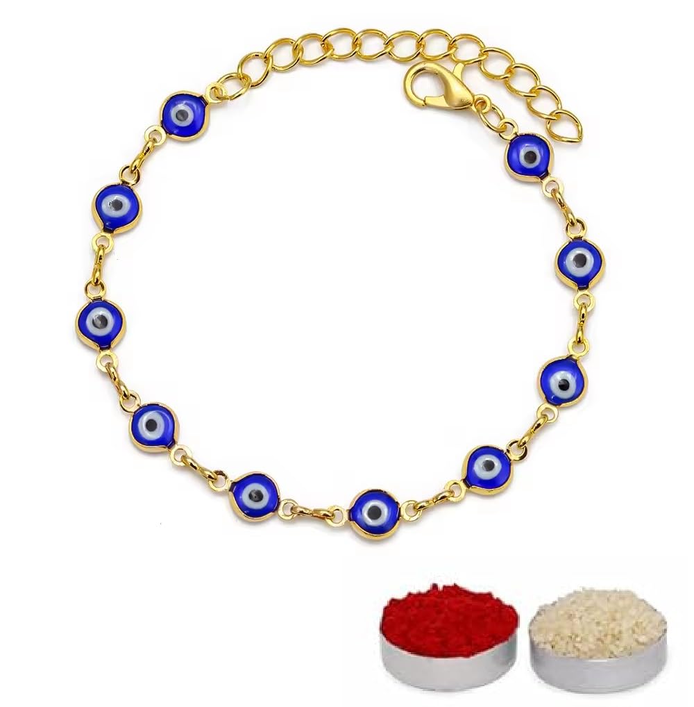 El Regalo Evil Eye Rakhi for Brother/Bhai with Roli Chawal, Rakhi Message Card in Rakhi Gift Box (Golden Blue)