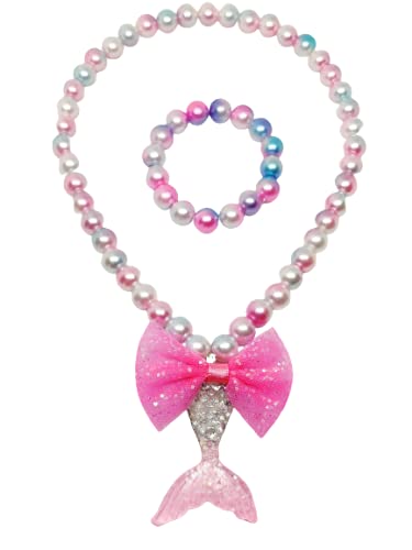 El Regalo Girls Princess Necklace Bracelet with Colorful Mermaid Shiny Beads Bow Kids Stretchy Costume Jewelry Gift Party Favors Dress up Jewelry for Little Girl Toddler (Silky Pink)