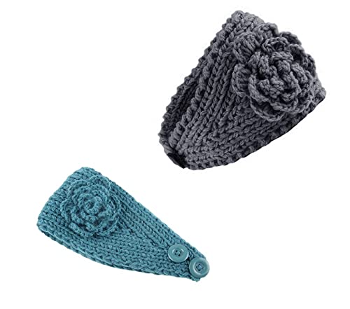 El Regalo 2 PCs Knitted Flower Warm Winter Woolen Headband with Buttons for Face Mask Cover | Cold Weather Hair Accessories Head Wrap | Winter Headbands for Girls & Women (Pack of 2) (Teal Green & Grey)
