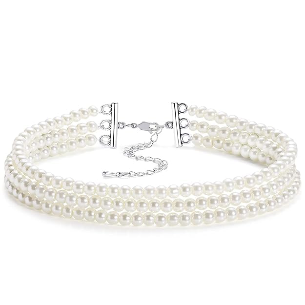 El Regalo Elegant Round Imitation Pearl Multi Strands Choker Necklace for Girls & Women- Party Pearl Necklace with Stainless Steel Chain