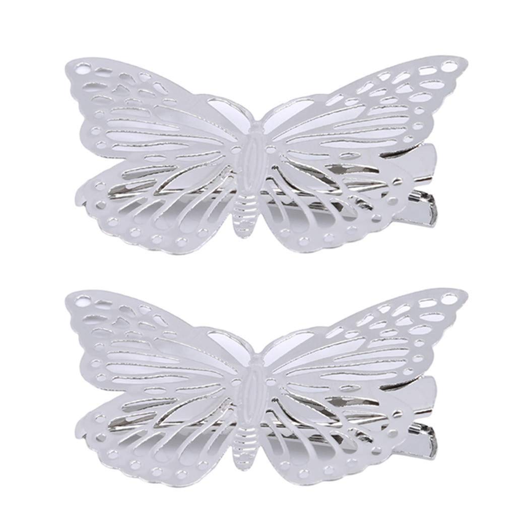 El Regalo 2 Pcs Barrette Hollow Out Golden Butterfly Metal Hair Clips For Girls & Women (Set Of 2) (Silver)