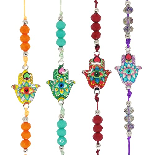 El Regalo Set of 4 Hamsa Hand Rakhi for bhaiya Bhabhi - Hand Painted Hamsa Hand Rakhi for Brother Bhai Bhabhi Bhaiya - Hamsa Nazar Amulet Thread Rakhis for kids and Adults Unisex (Option3)