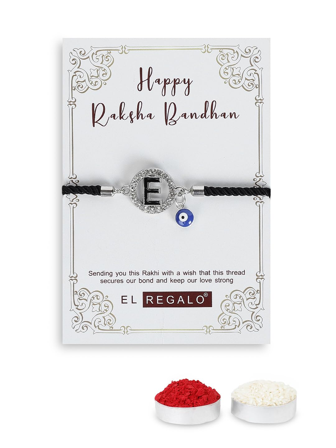 El Regalo Name Initials Evil Eye Bracelet Rakhi for Brother- Name Letter CZ Rakhi with Roli Chawal, Message Card in Rakshabandhan Box for Bhai (Black-E)
