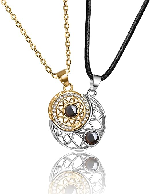 El Regalo BF Magnetic Sun Moon Matching Couple Necklace Set- Best Friend 2 PCs Necklaces Set for Besties/Best Friends/Couples (Golden Silver) For Unisex Adult
