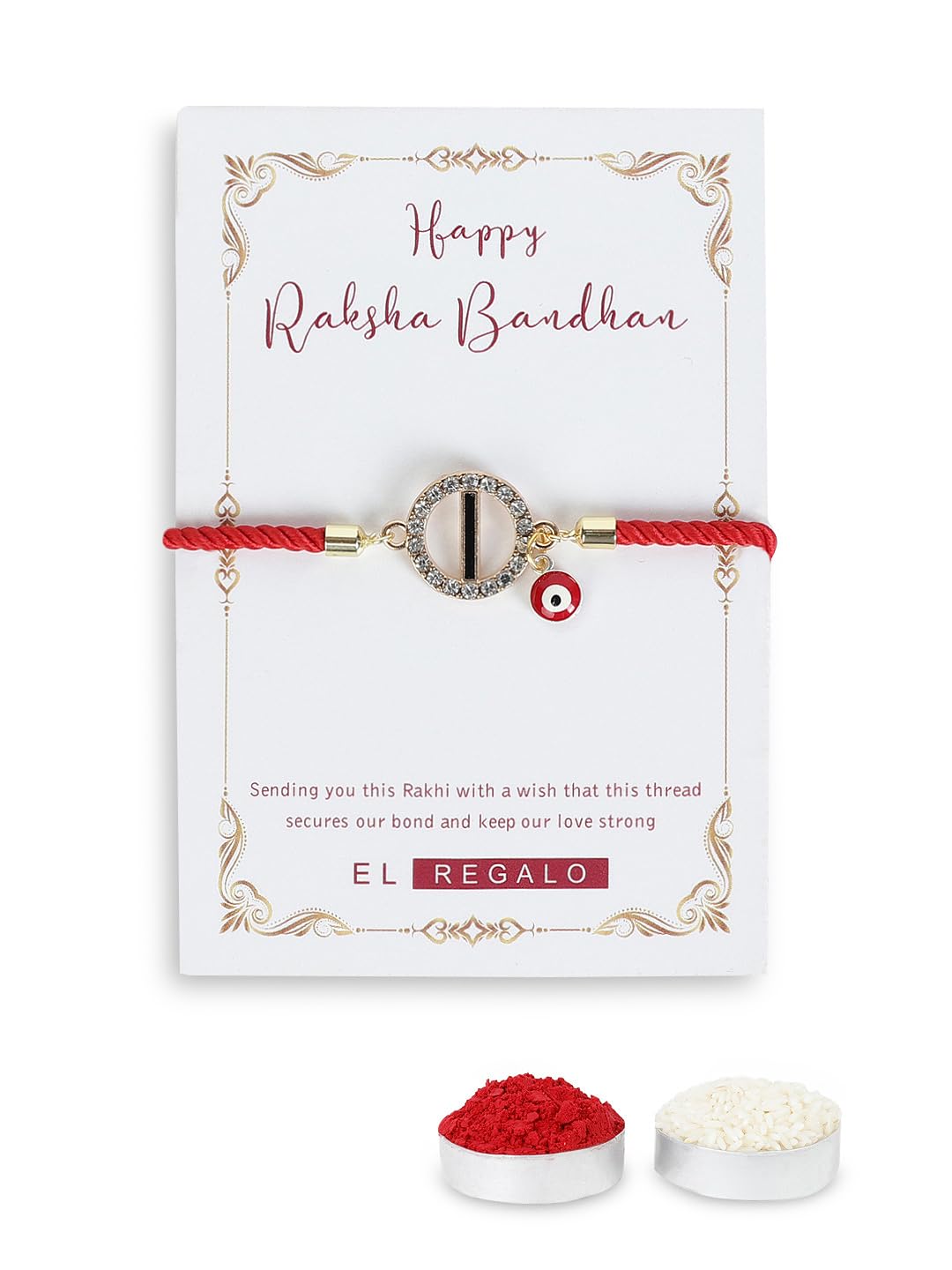 El Regalo Name Initials Evil Eye Bracelet Rakhi for Brother- Name Letter CZ Rakhi with Roli Chawal, Message Card in Rakshabandhan Box for Bhai (Red- I)