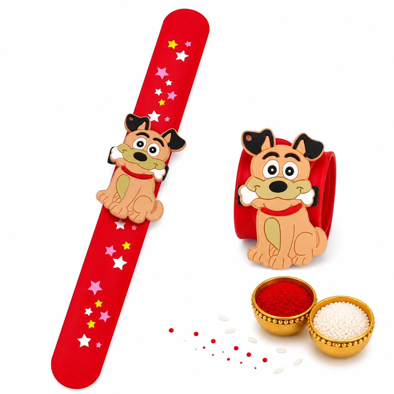 El Regalo Cute Slap Band Bracelet Rakhi for Kids Boys & Little Brother | Fun Quirky Silicone Slap Wristband Rakhi for Toddlers & Children with Roli Chawal Pack and Gift Box (Dog)