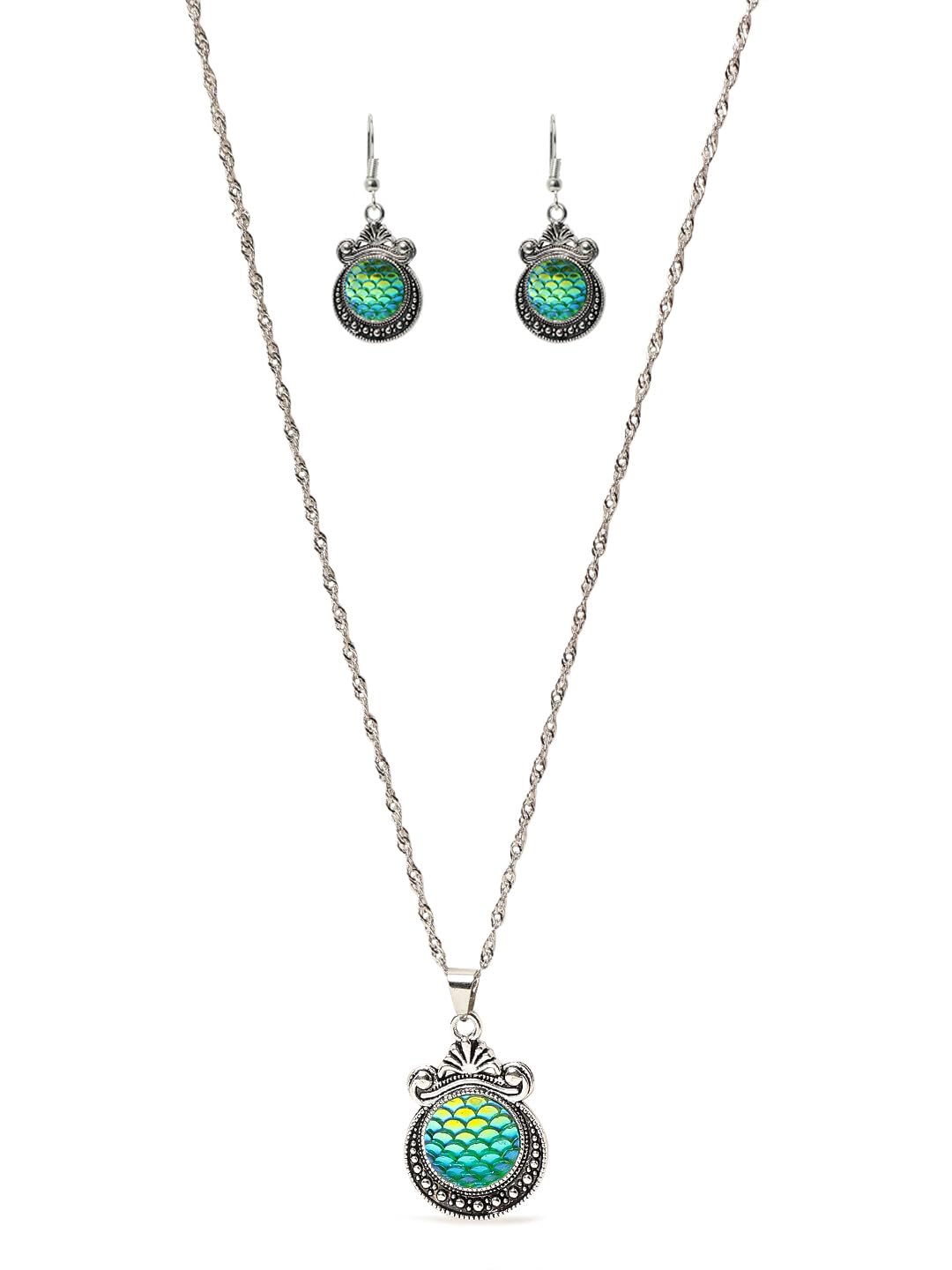 El Regalo 3D Ocean Mermaid Theame Vintage Style Pendant Chain Necklace with Earrings for Girls & Women