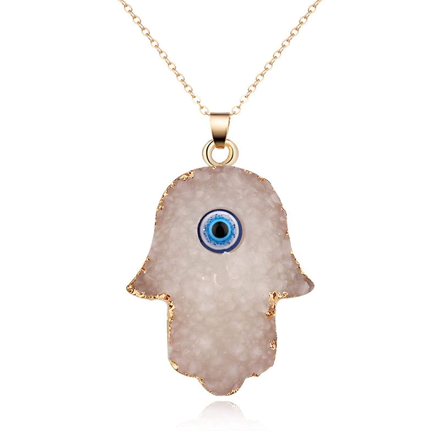 El Regalo u Evil Eye Resin Druzy Hamsa Hand Pendant Necklace for Girls & Women | Evil Eye Modern Pendant Necklace (White)