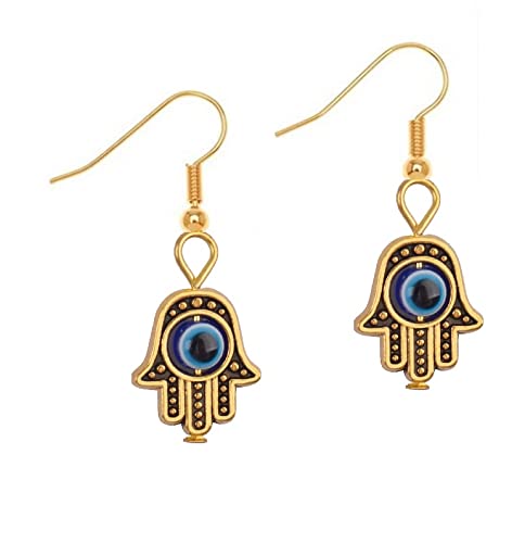 El Regalo 1 Pair Evil Eye Hamsa Hand Earrings - Small Dangle Hoop Earring Dainty Blue Evil Eye Small Simple Hypoallergenic Earrings for Girls & Women (Hamsa Hand Golden)