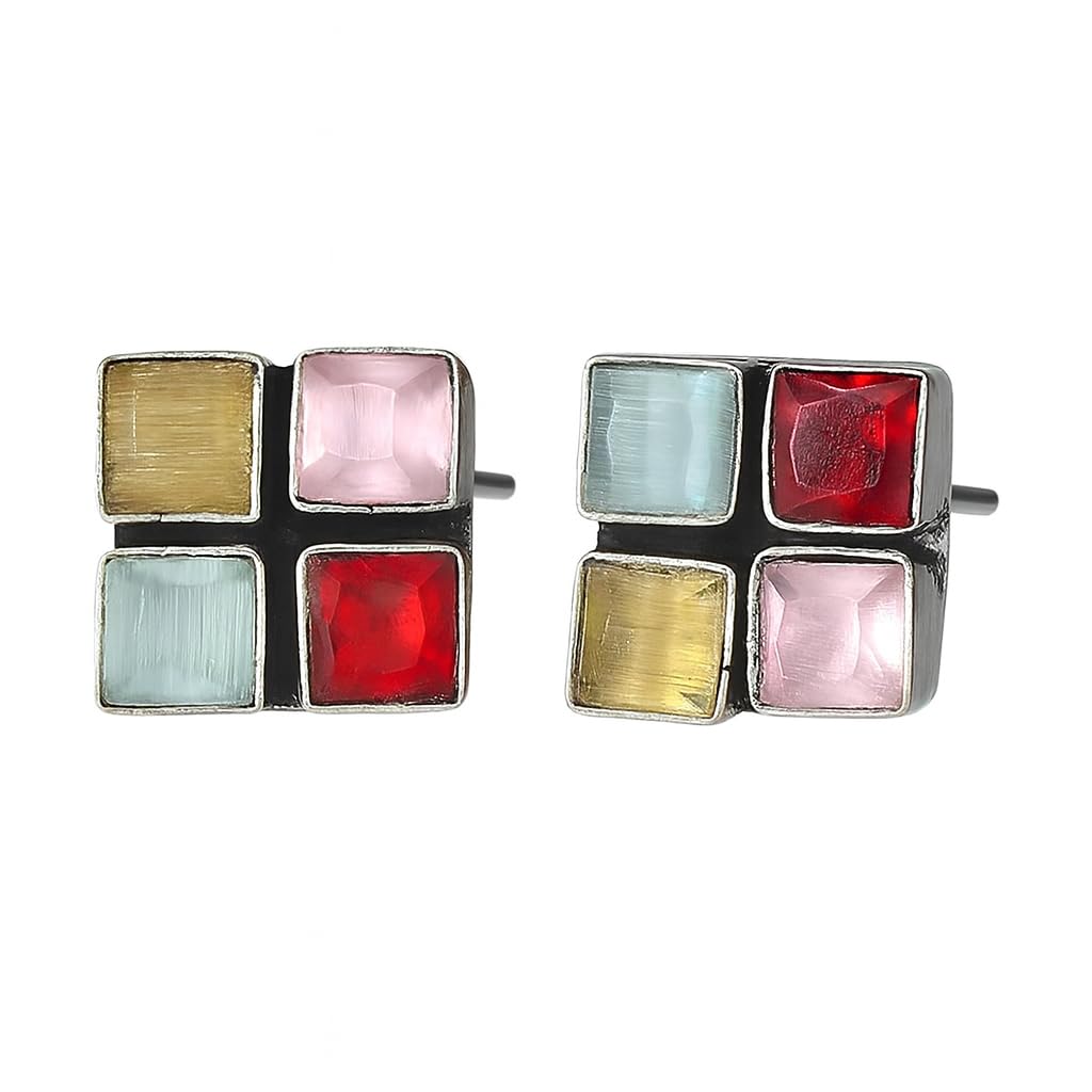 El Regalo 925 Silver Plated Oxidized Stud Earrings with Monalisha Stones - Square Bohemian Stud Earrings for Women - Tribal Antique Replica Earrings (Multi Color)