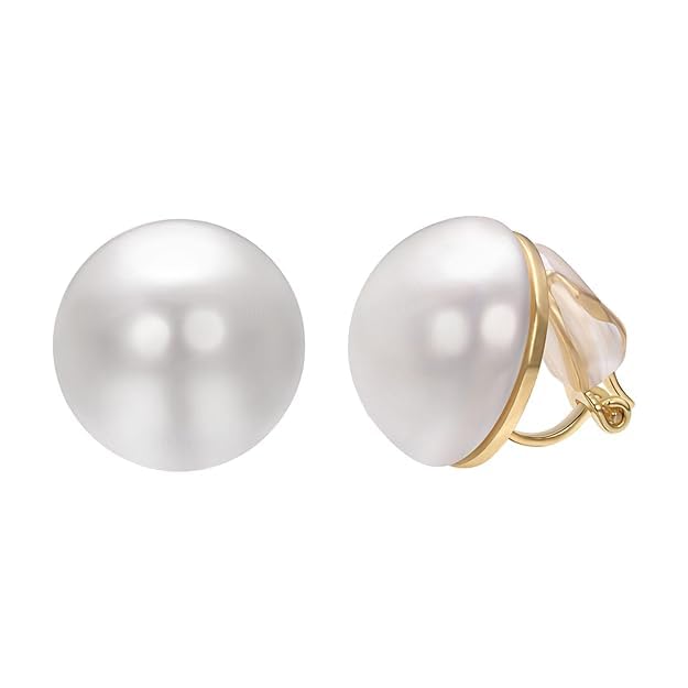 El Regalo White Large Pearl Clip on Earrings for Non Pierced Ears- 18k Gold Plated Non Piercing Cuff Fashion Earrings