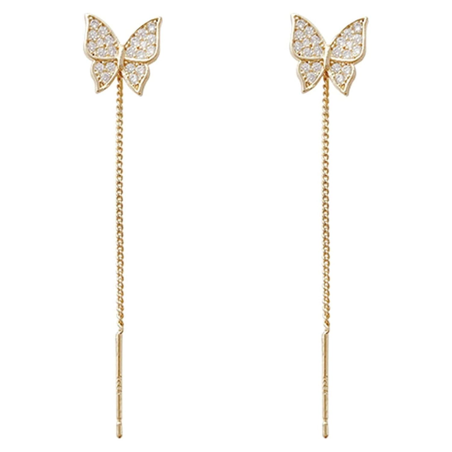 El Regalo CZ Butterfly Threader Chain Earrings for Women, Teen Girls- Butterfly Dangling Earrings- Rhinestone Butterfly Long Tassel Threader Dangle Earrings (Gold)