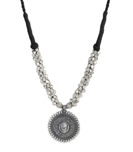 El Regalo Oxidized/German Silver Durga Ma Pendant Thread Necklace with Ghungru | Temple Jewelry/Navratra Pooja Jewelry? Garbha Jewelry (Black)