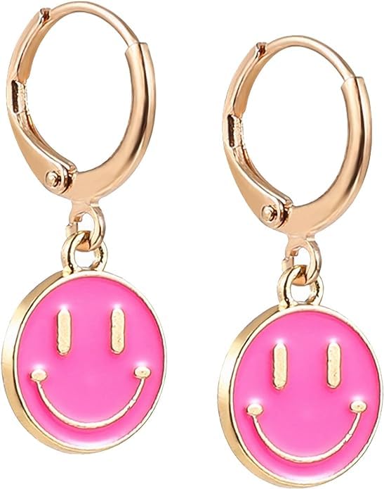 El Regalo Smiley Face Small Huggie Hoop Trendy Emoji Earrings- Preppy Cute Happy Face Dangle Drop Cartilage Colorful Hypoallergenic Earrings Gifts for Teen Girls Women (Pink)