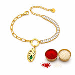 El Regalo 1PC Luxury Krishna Feather Tannis Bracelet Rakhi for Brother or Bhabhi- Elegant Feather CZ Rakhi with Roli Chawal, Message Card in Rakshabandhan Box