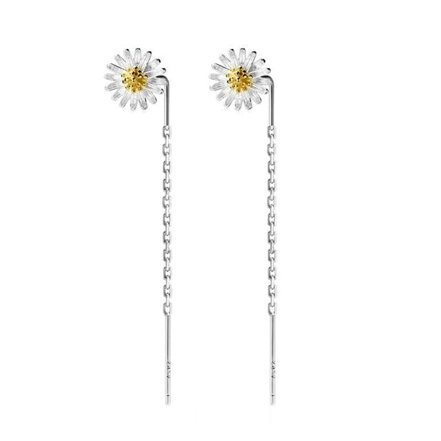 El Regalo Minimalist Flower Threader Earrings for Women & Girls | Cute Tiny Floral Chain Drop Earrings | Modern Style Dainty Long Tassel Earrings (Daisy Silver)