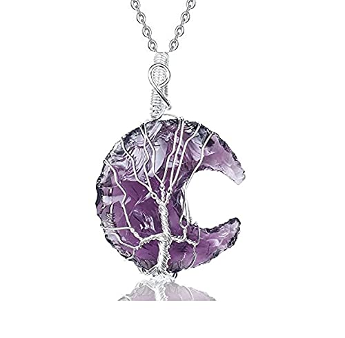 El Regalo Tree of Life Wire Wrapped Crescent Moon Natural Stones Healing Crystal Chakra Pendant Necklace - Unique Handcrafted Gemstones Pendant Necklaces (Amethyst) For Unisex Adult