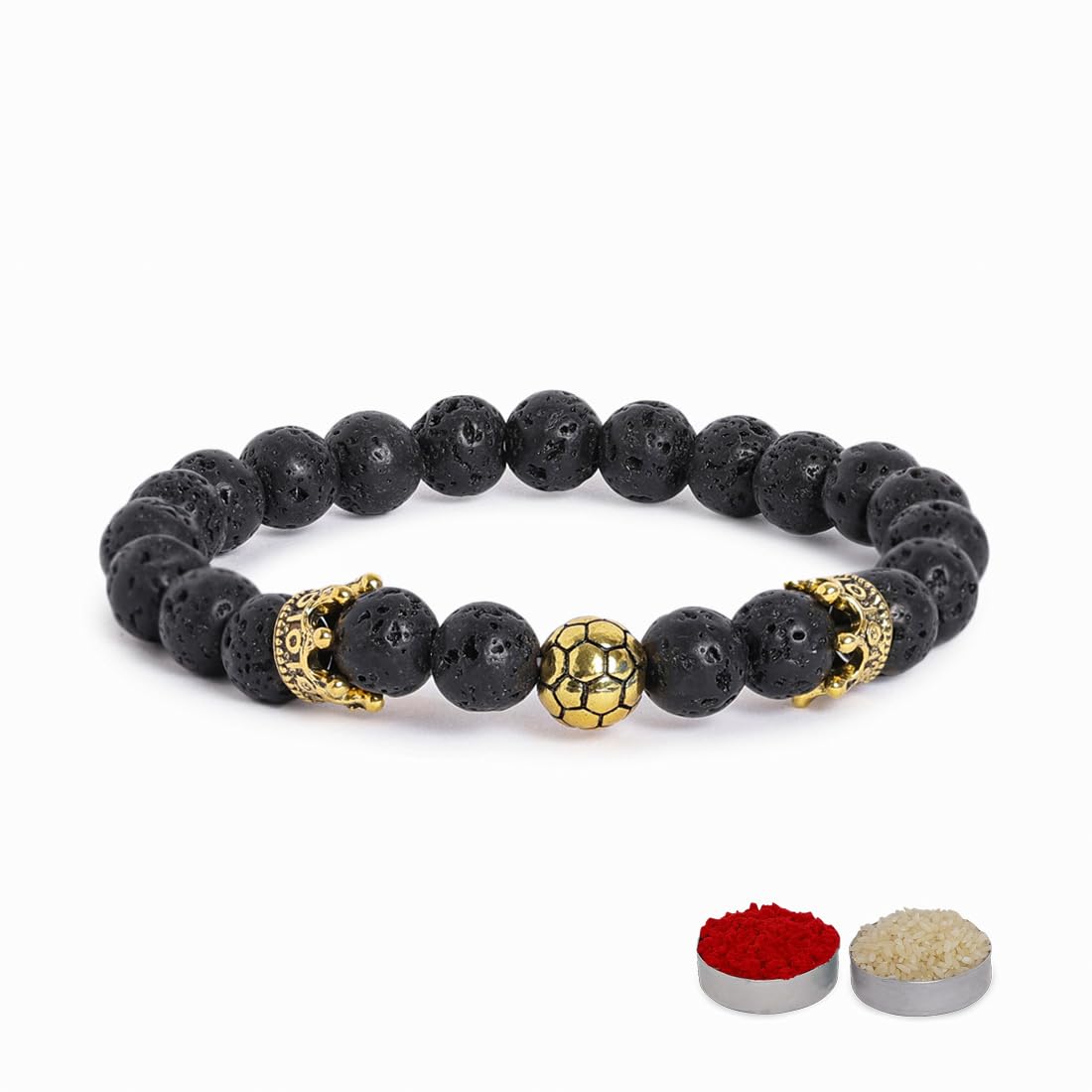El Regalo 1 PC Natural Lava Stones Crown, Football Charm Rakhi for Brother/Bhai- Designer Handcrafted Natural Stones Sports Charms Rakhi with Roli-Chawal Shagun, Rakhi Message Card in Rakhi Gift Box