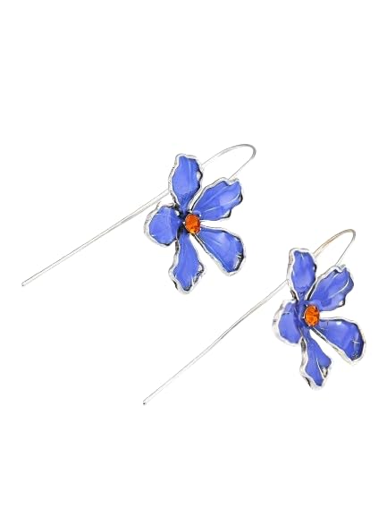 El Regalo Womens Vintage Bohemian Style Enamel Flower Earrings - Silver Tone, Trendy Long Hook Floral Earrings