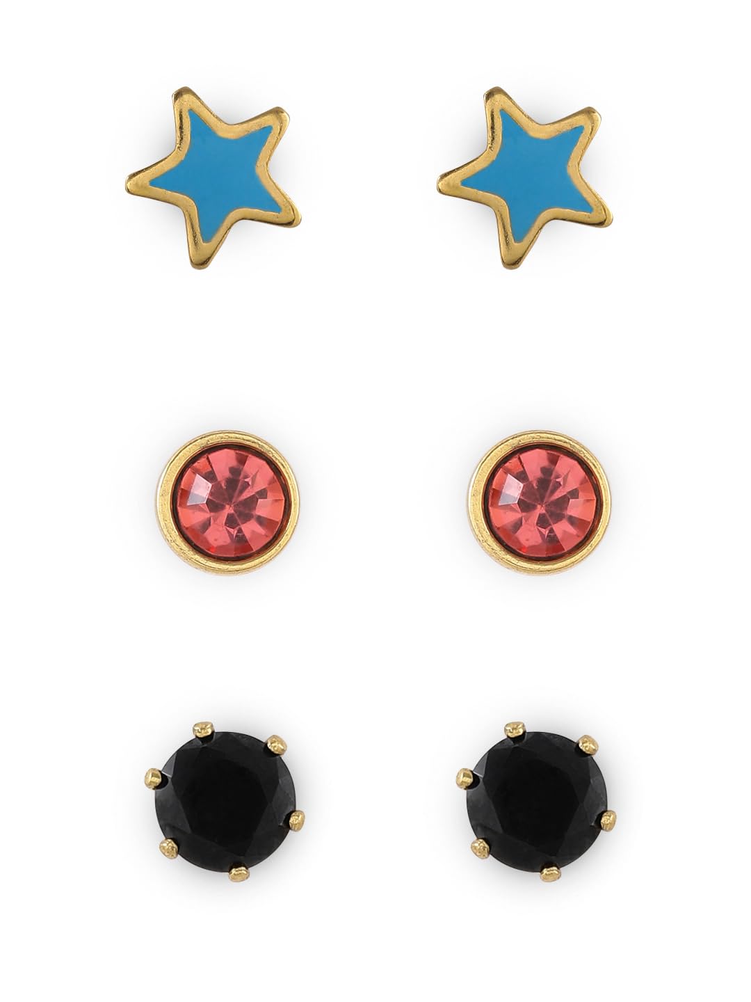 El Regalo 3 Pairs Cute Stainless Steel CZ Stud Earrings Combo for Kids/Girls/Teens/Women - Stars, Heart, Flower, Butterfly, Disco Ball, Stones - Hypoallergenic Flatback Earrings (Style-10)