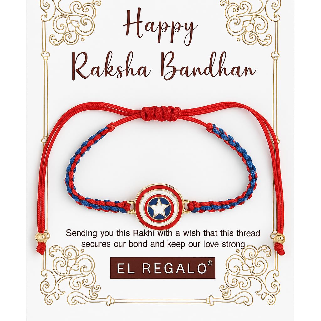 El Regalo Cute Rakhi for Brothers- Avenger, Bro, Om, Evil Eye & More | Handcrafted with Card, Roli Chawal & Rakshabandhan Box | Raksha Bandhan Bracelets for Kids, Brothers, Adults (Avenger Rakhi)