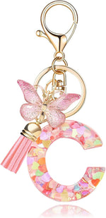 El Regalo Personalized Name Initials Butterfly Charm Keychain - Custom Letter Keyring with Pink Tassel & Butterfly Pendant, Purse, Bag, Backpack Accessory (C Letter)