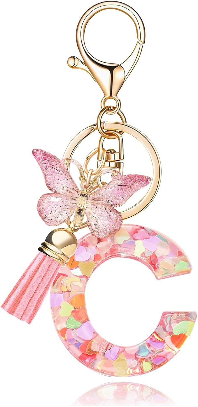 El Regalo Personalized Name Initials Butterfly Charm Keychain - Custom Letter Keyring with Pink Tassel & Butterfly Pendant, Purse, Bag, Backpack Accessory (C Letter)