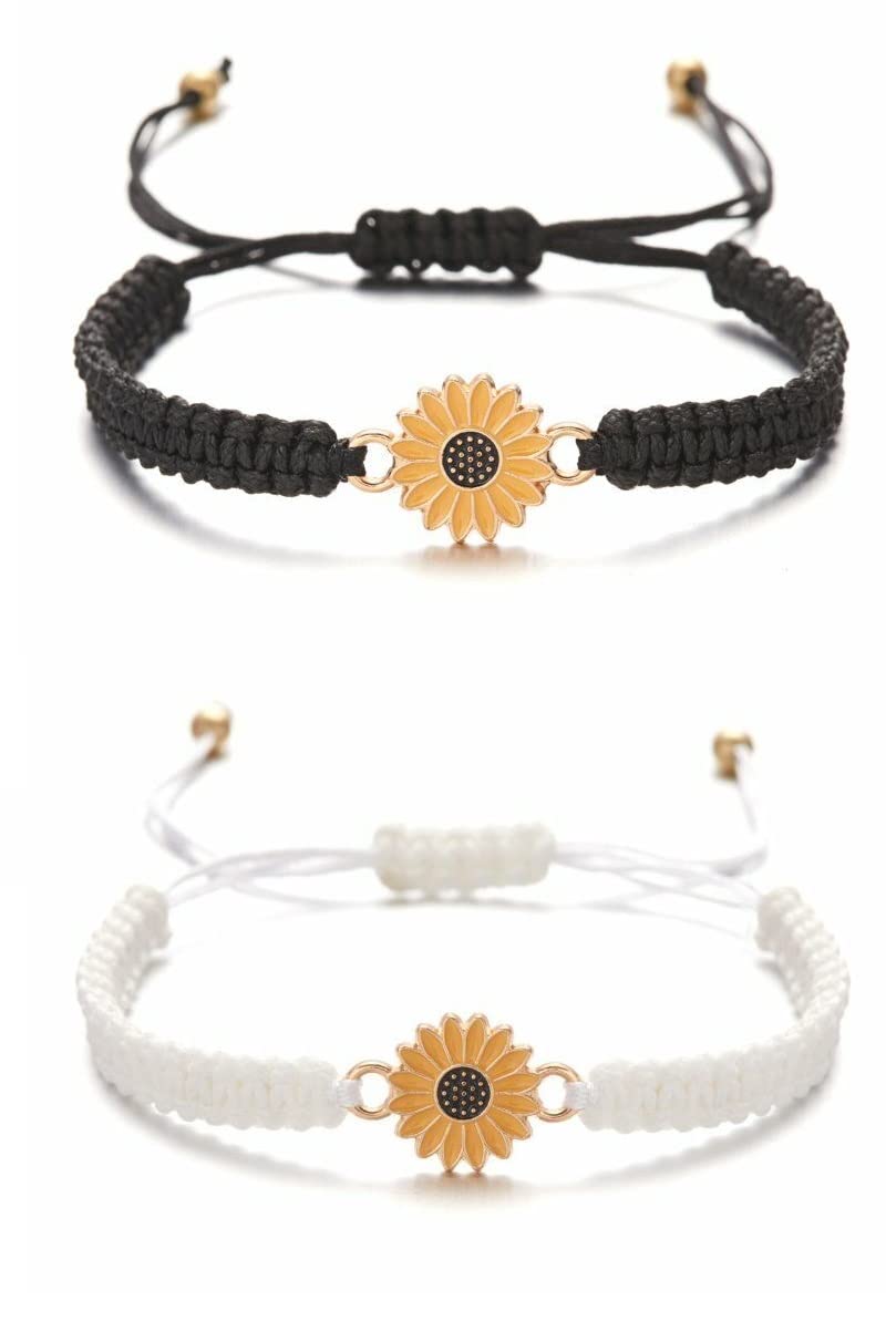El Regalo 2 PCs Sunflower Daisy Bracelet - Adjustable Sunflower Bracelets for Best Friends/Besties - Sunflower Pinky Promise Bracelets for Kids Girls/Teens/Women (Black & White Sunflower Bracelet)