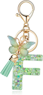 El Regalo Personalized Name Initials Butterfly Charm Keychain - Name Letters Keyring with Green Butterfly & Stars Filled Resin & Tassel Pendant, Purse, Bag, Backpack Accessory (Letter F)