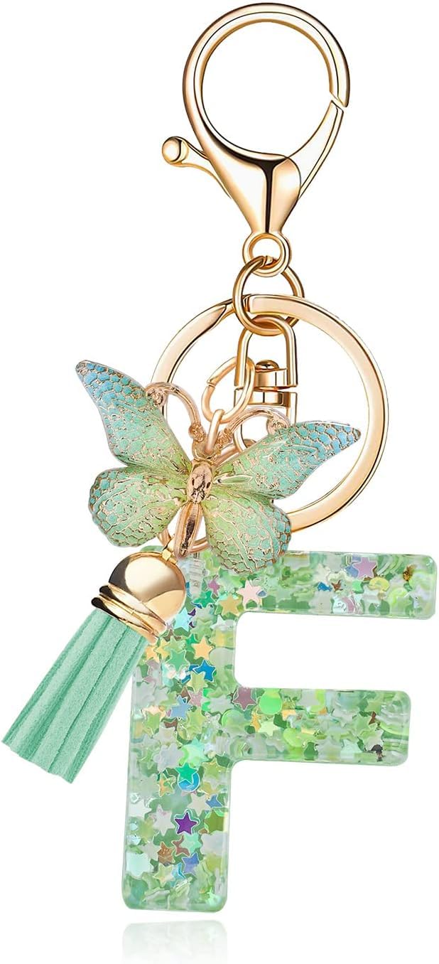 El Regalo Personalized Name Initials Butterfly Charm Keychain - Name Letters Keyring with Green Butterfly & Stars Filled Resin & Tassel Pendant, Purse, Bag, Backpack Accessory (Letter F)