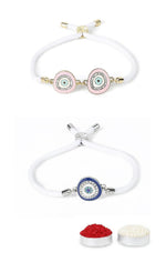 El Regalo 2PCs Designer Evil Eye CZ Rakhi Combo Set for Brothers/Bhaiya-Bhabhi/Brother-Nephew with Roli Chawal, Rakhi Message Card in Rakhi Gift Box (Blue & Pink)