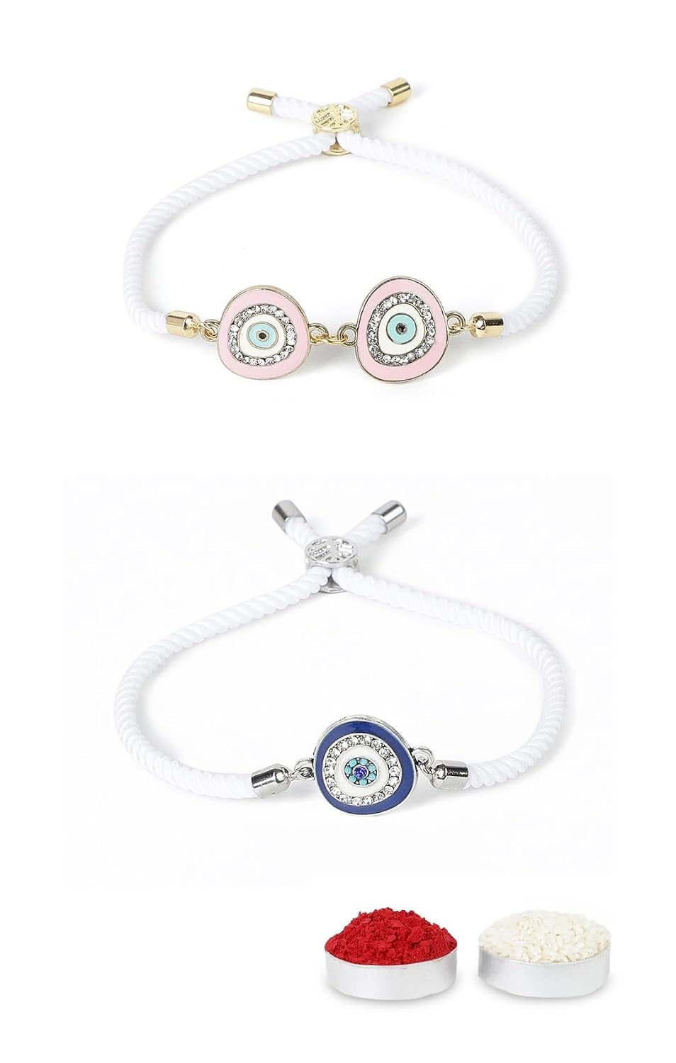 El Regalo 2PCs Designer Evil Eye CZ Rakhi Combo Set for Brothers/Bhaiya-Bhabhi/Brother-Nephew with Roli Chawal, Rakhi Message Card in Rakhi Gift Box (Blue & Pink)