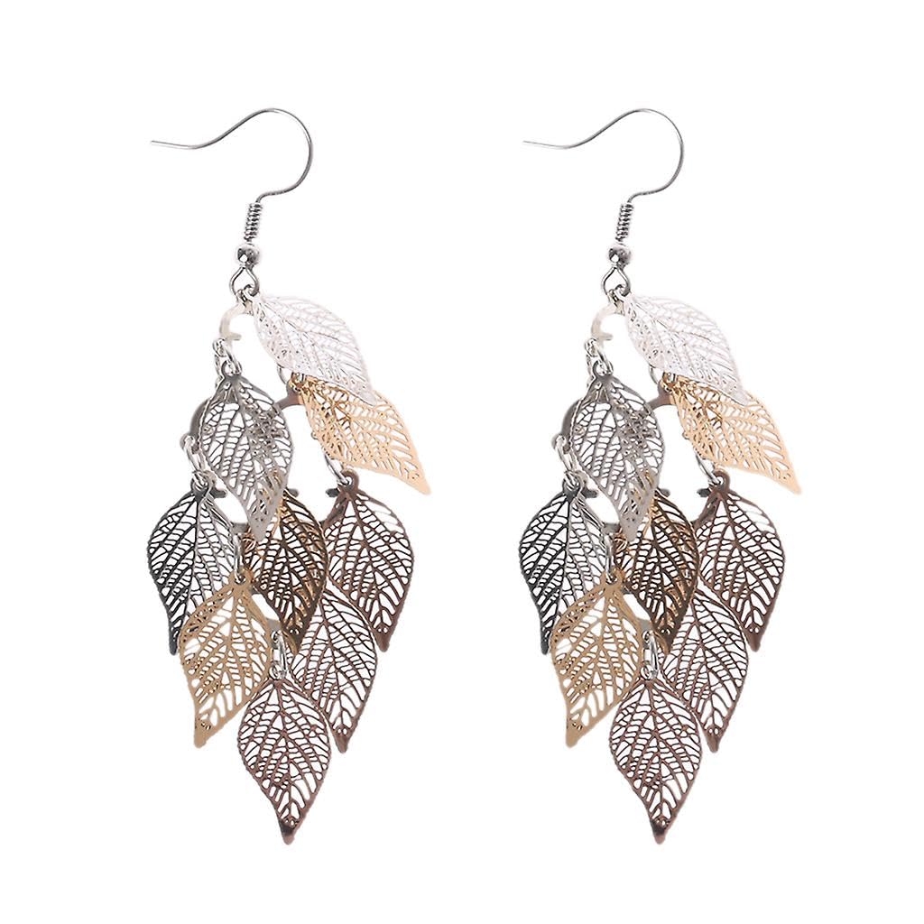 El Regalo 1 Pair Pretty Leaves Bunch Chandelier Earrings for Girls & Women- Boho Lightweight Hollow Filigree Leaves Drop Earrings (Gold Grey Shades)