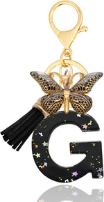 El Regalo Personalized Name Initials Butterfly Charm Keychain - Name Letter Keyring with Black & Golden Tassel & Butterfly Pendant, Purse, Bag, Backpack Accessory (G Letter)