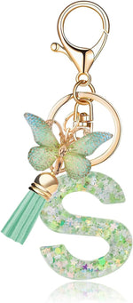 El Regalo Personalized Name Initials Butterfly Charm Keychain - Name Letters Keyring with Green Butterfly & Stars Filled Resin & Tassel Pendant, Purse, Bag, Backpack Accessory (Letter S)