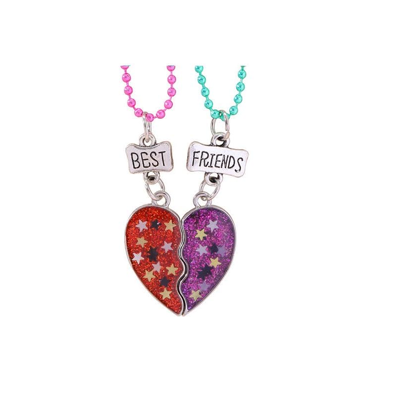 El Regalo Unisex 2 Pcs BFF Best Friend Split Matching Heart Pendant Necklaces Set- Colorful Chain Glitter Stars Heart Pendant Friendship Necklaces Set (Stars Hearts)