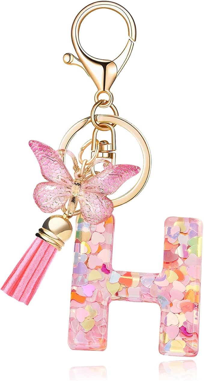 El Regalo Personalized Name Initials Butterfly Charm Keychain - Custom Letter Keyring with Pink Tassel & Butterfly Pendant, Purse, Bag, Backpack Accessory (H Letter)