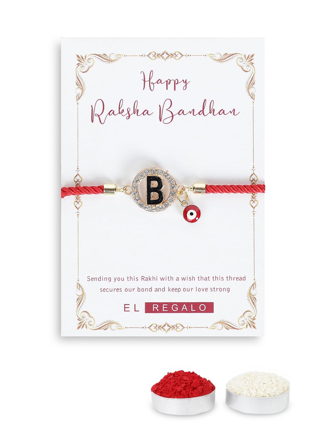 El Regalo Name Initials Evil Eye Bracelet Rakhi for Brother- Name Letter CZ Rakhi with Roli Chawal, Message Card in Rakshabandhan Box for Bhai (Red- B)