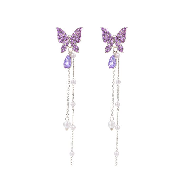 El Regalo Long Butterfly Tassel Rhinestone Crystals & Pearls Earrings for Women Girls- Violet Crystals Long Butterfly Earrings