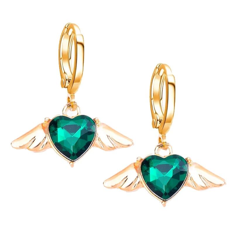 El Regalo 1 Pair Angel Wings Heart Stones Earrings for Girls/Teens/Women- Heart Hoop Earrings (Green)