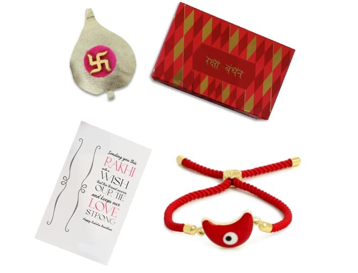 El Regalo 1PC Evil Eye Rakhi with shagun & Message Card Gift Box- Crescent Moon Evil Eye Unisex Rakhi for Brother/Bhabhi/Niece or Nephew (Red Moon Evil Eye Rakhi)