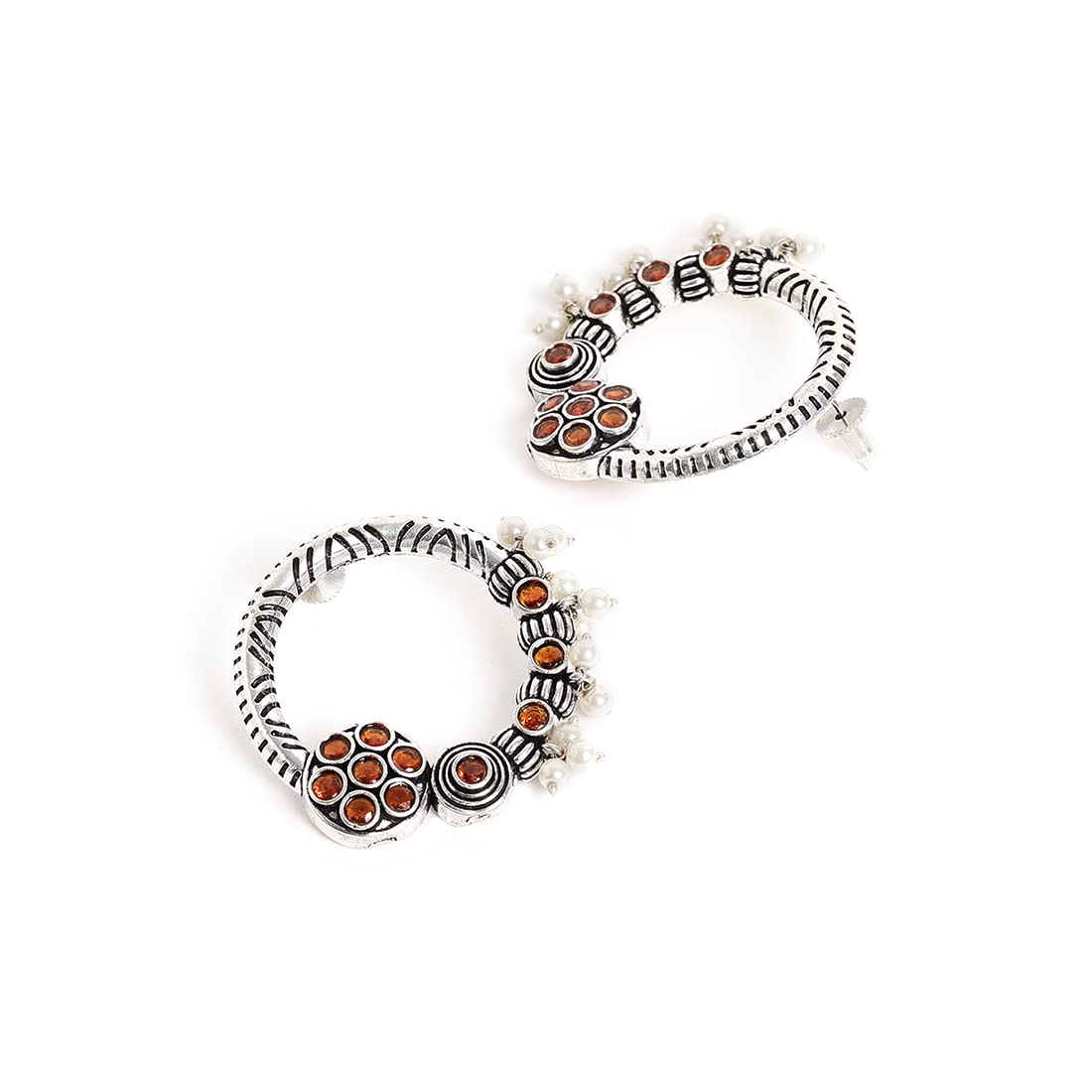 El Regalo Silver Lookalike Brass Oxidized Big Stud Pearls Earrings for Girls & Women- Handcrafted Ethnic Tribal Boho Traditional Earrings in Antique Silver Finish