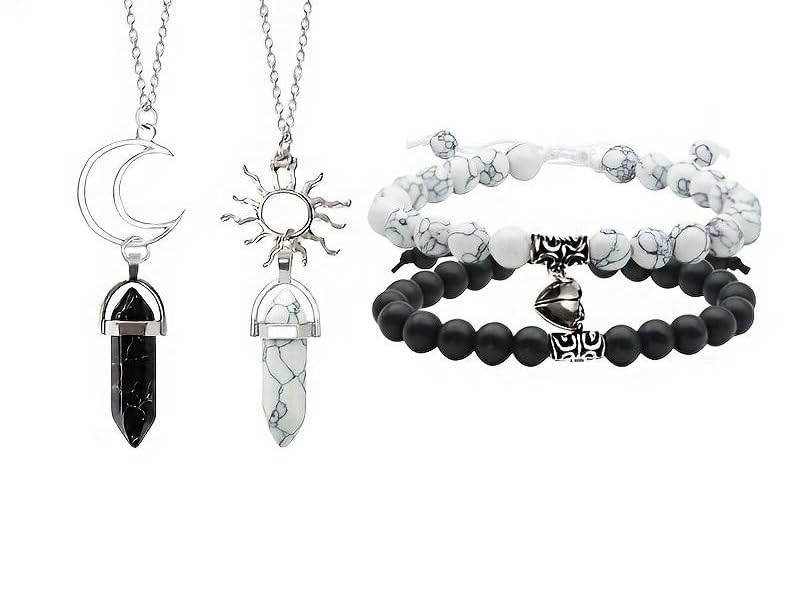 El Regalo Unisex Adult 4Pcs/Set Valentines Day Special- Love Friendship Magnet Heart Bullet Stones Necklace & Bracelet Set For Couples/Best Friends/Besties (Black & White)