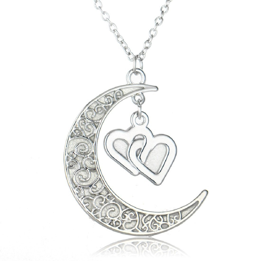 El Regalo Gift for Her- Glow In The Dark Heart Moon Pendant Necklace | 925 Silver Plated Pendant Necklace