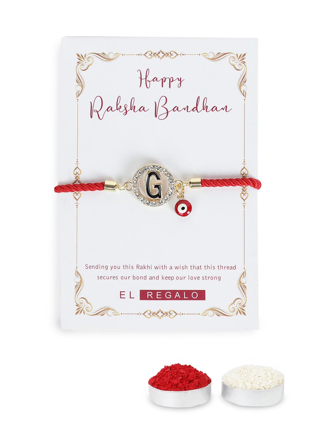 El Regalo Name Initials Evil Eye Bracelet Rakhi for Brother- Name Letter CZ Rakhi with Roli Chawal, Message Card in Rakshabandhan Box for Bhai (Red- G)