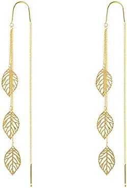 El Regalo 925 Silver Plated Flower Threader Earrings- Needle Threader Long Tassel Earrings for Girls & Women (Leaves Threader)
