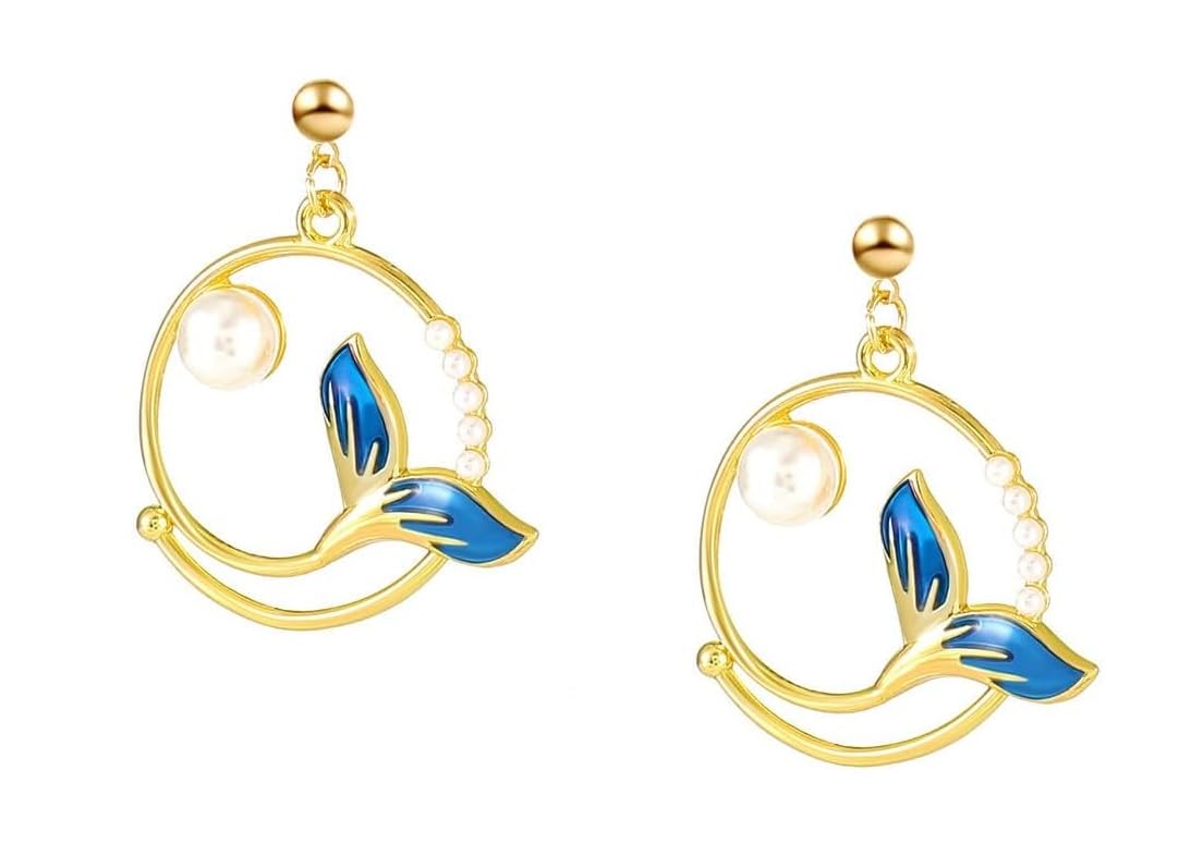 El Regalo Mermaid Tail Pearl Enamel Earring for Women & Girls- Mermaid Tail Pearl Earrings with Gold, Pearl & Teal Accents (Teal Blue)